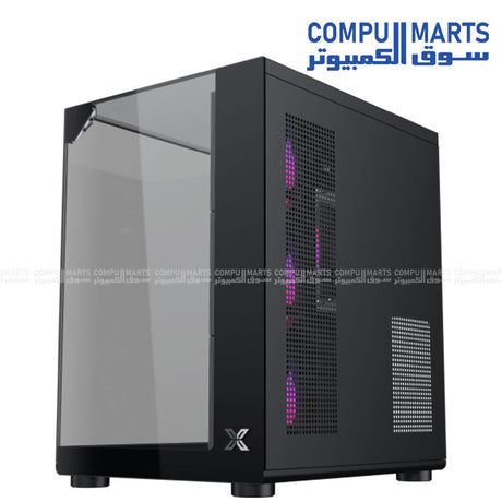 Xigmatek Crystal Storm black mid-tower PC case with curved tempered glass and four ARGB fans