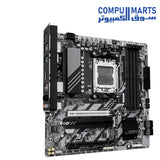 Micro ATX motherboard layout featuring DDR5 DIMM slots and AMD B650 chipset.