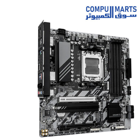 Micro ATX motherboard layout featuring DDR5 DIMM slots and AMD B650 chipset.