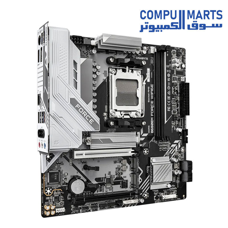 Micro ATX motherboard layout featuring DDR5 memory and AMD B650 chipset.