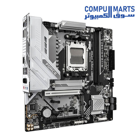 Micro ATX motherboard layout featuring DDR5 memory and AMD B650 chipset.