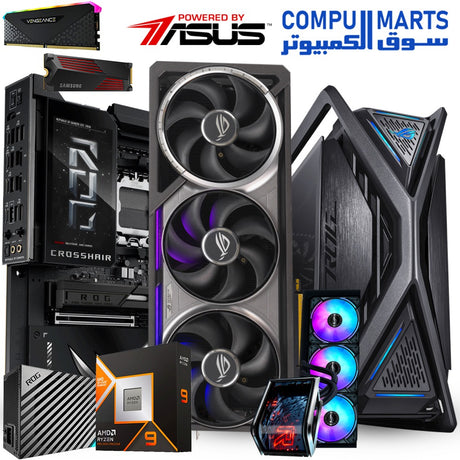 High-end custom gaming PC with AMD Ryzen 9 9950X3D, Dual RTX 5090 ROG ASTRAL OC, 128GB RAM, and ASUS ROG Hyperion GR-701 case Egypt