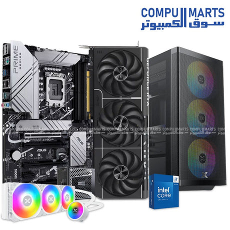 High-performance gaming PC bundle featuring Intel Core i7-14700K, RTX 5080 PRIME, ASUS Z790-P motherboard, 16GB DDR5 RAM, 512GB NVMe Gen 4 SSD, and XIGMATEK Osiris ARGB case with 360mm AIO liquid cooler.