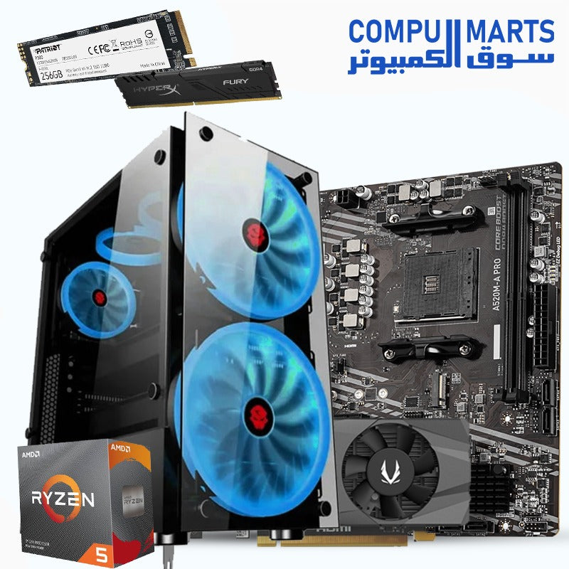Bux Bundle 4 – AMD Ryzen 5 3600 + MSI A520M-A PRO DDR4 + ZOTAC RTX 3050 6GB + Patriot P300 M.2 SSD + Kingston 8GB Fury DDR4 3200MHz + Case Technozone C-500 with 3 RGB Fans + 600W PSU – Gaming PC Build – Egypt

