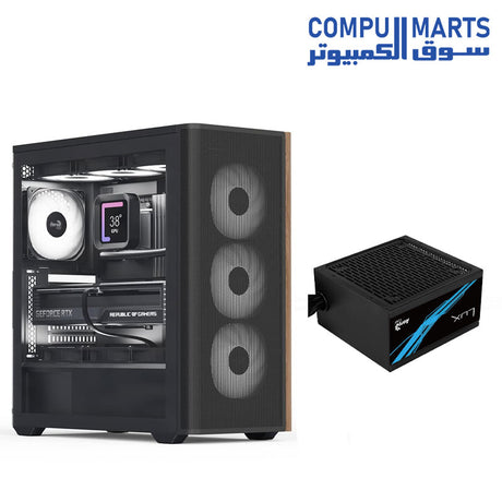 AeroCool D501A – Mid Tower Gaming Case – AeroCool – Wood-accented mesh front, ARGB lighting, 360mm radiator support