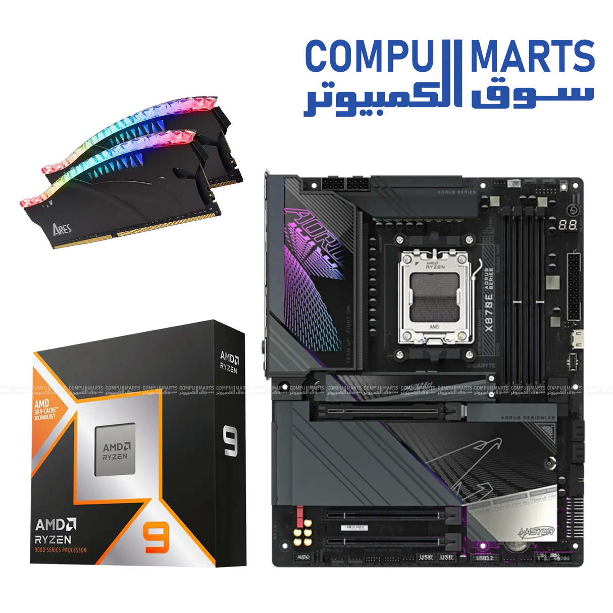 AMD Ryzen 9 9900X3D bundle with X870E AORUS Master motherboard and 64GB DDR5 6000MHz RGB RAM