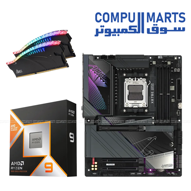 AMD Ryzen 9 9900X3D bundle with X870E AORUS Master motherboard and 64GB DDR5 6000MHz RGB RAM