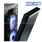 Mid tower PC case featuring steel construction, tempered glass side panel, dust filters, and extensive radiator support available through Compumarts