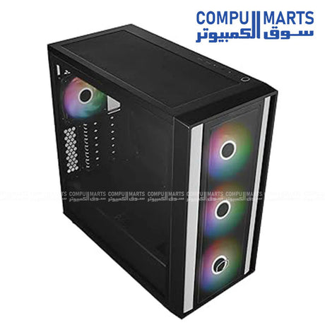 Black and white Cooler Master MasterBox 600 case with stainless steel, tempered glass construction, USB Type-C connectivity, and ARGB lighting available at Compumarts.