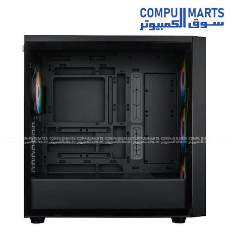 Gaming PC enclosure with back-connector motherboard compatibility, 140mm SickleFlow PWM fan support, and spacious component clearance for users in Egypt.