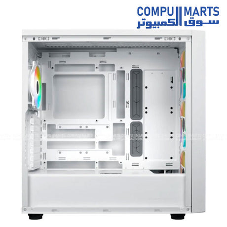 Gaming PC enclosure with back-connector motherboard compatibility, 140mm SickleFlow PWM fan support, and spacious component clearance for users in Egypt.