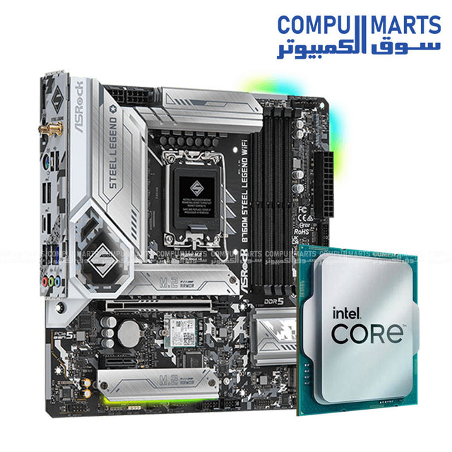 Close-up of Intel Core i5-14400F tray CPU beside ASRock B760M Steel Legend WiFi DDR5 motherboard, showcasing components for a high-performance gaming and streaming PC build