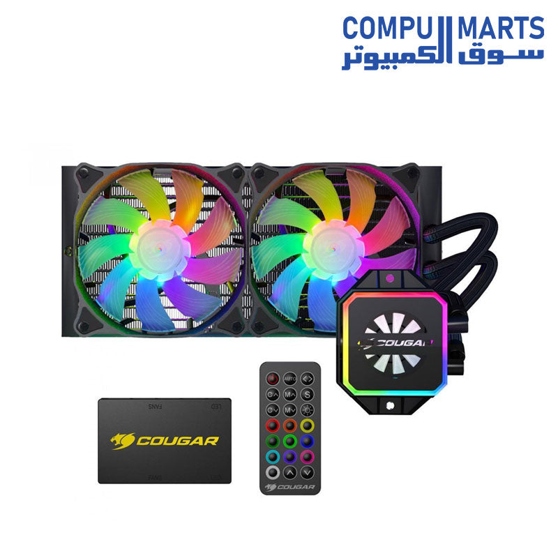Helor-240-Liquid-Cooler-COUGAR-240-mm-with-2-Vortex-Omega-120-mm-Fans-Addressable-RGB-Core-Box-v2-and-Remote-Controller.
