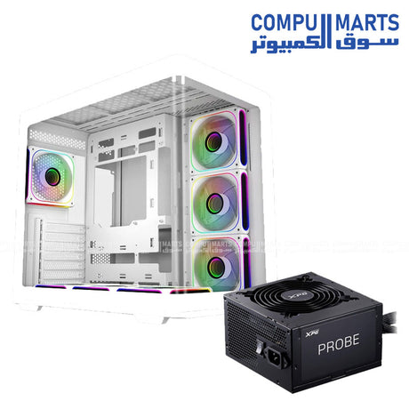 Cooler Master Elite 600 ARGB gaming case with four RGB fans bundled with XPG 700W 80 Plus Bronze power supply for PC build