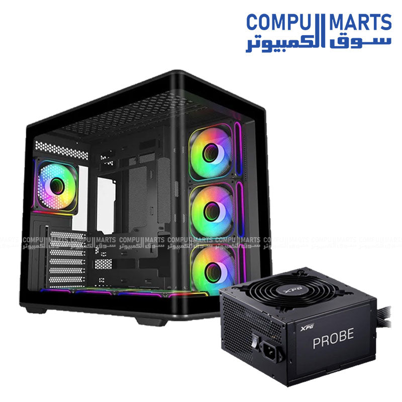 Cooler Master Elite 600 ARGB gaming case with four RGB fans bundled with XPG 700W 80 Plus Bronze power supply for PC build