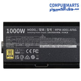 Cooler Master MPW-A001-AFAG PSU with 1000W capacity, Gold efficiency rating, and UVP OVP OPP OTP SCP protections