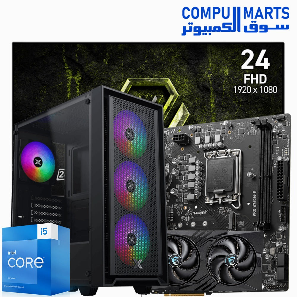 Core i5-14400F gaming PC bundle with RTX 3060 Ventus 2X graphics card, 16GB RAM, MSI B760M-E motherboard, and MSI 240Hz gaming monitor, optimized for high-performance gaming and smooth visuals.