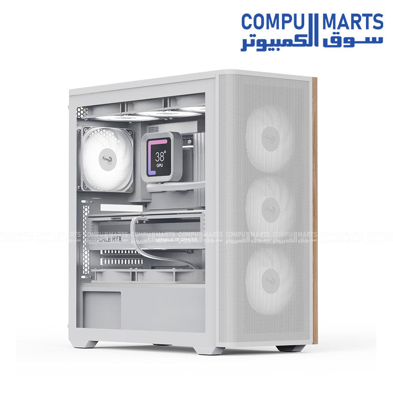 AeroCool D501A – Mid Tower Gaming Case – AeroCool – Wood-accented mesh front, ARGB lighting, 360mm radiator support