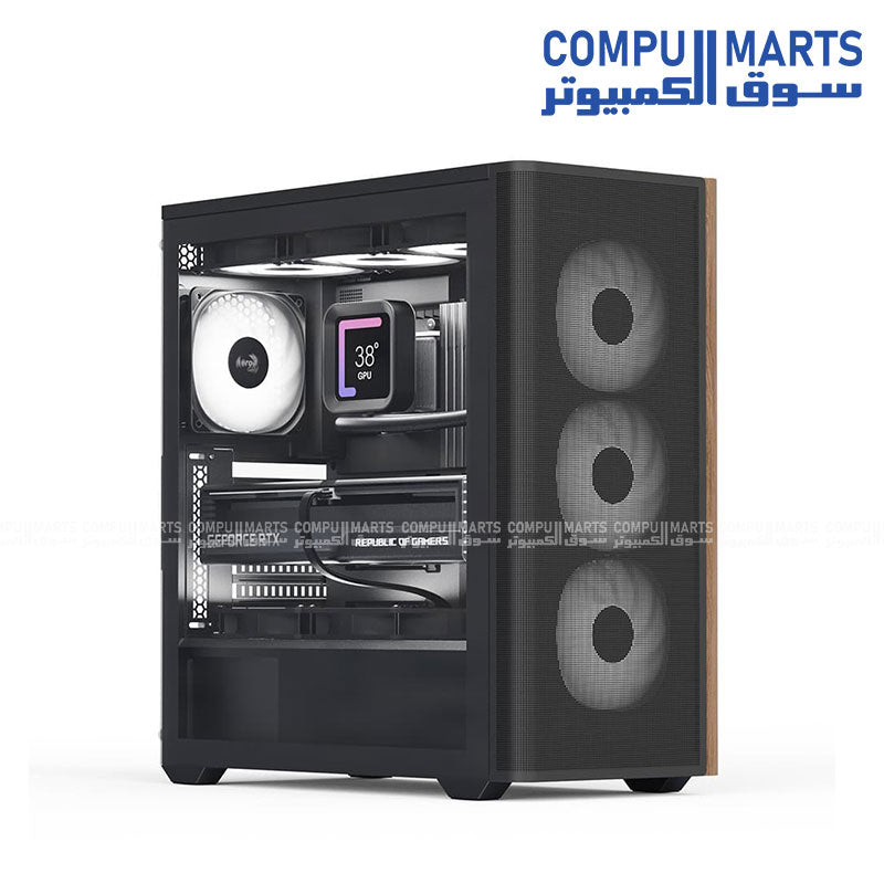 AeroCool D501A – Mid Tower Gaming Case – AeroCool – Wood-accented mesh front, ARGB lighting, 360mm radiator support