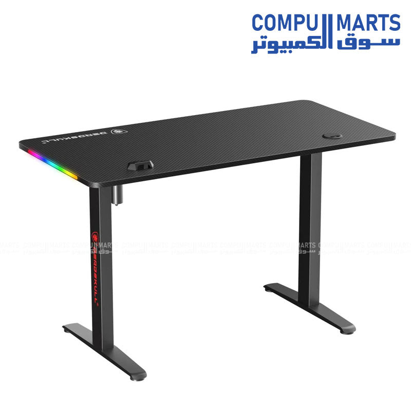 Deadskull gaming desk with assembly required, rectangle shape, and black finish available through Compumarts.