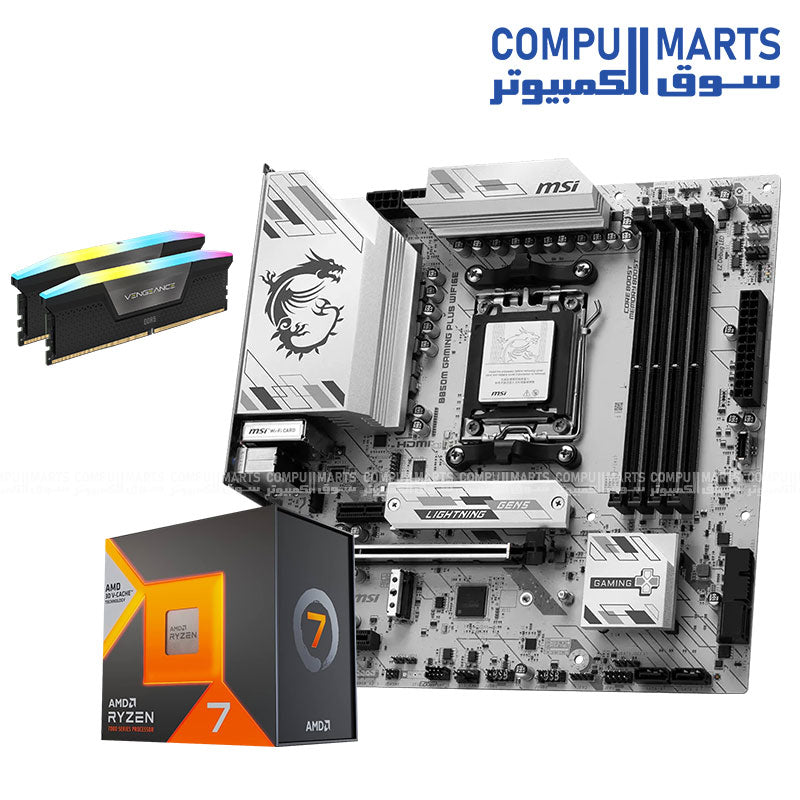 Gaming PC Bundle Ryzen 7 7800X3D with MSI B850M GAMING PLUS WIFI 6 motherboard and CORSAIR VENGEANCE RGB DDR5 32GB 6800MHz memory available at Compumarts Egypt