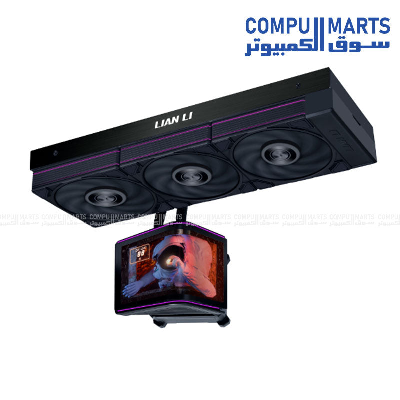 Lian Li HydroShift II 6.67-inch curved OLED display pump head and black radiator setup