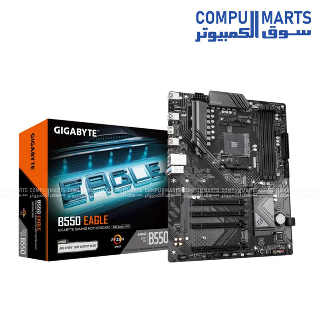 GIGABYTE B550 EAGLE AMD B550 ATX motherboard with Socket AM4 support, dual M.2 connectors, DDR4 memory support up to 128GB, HDMI 2.1, and Gigabit LAN