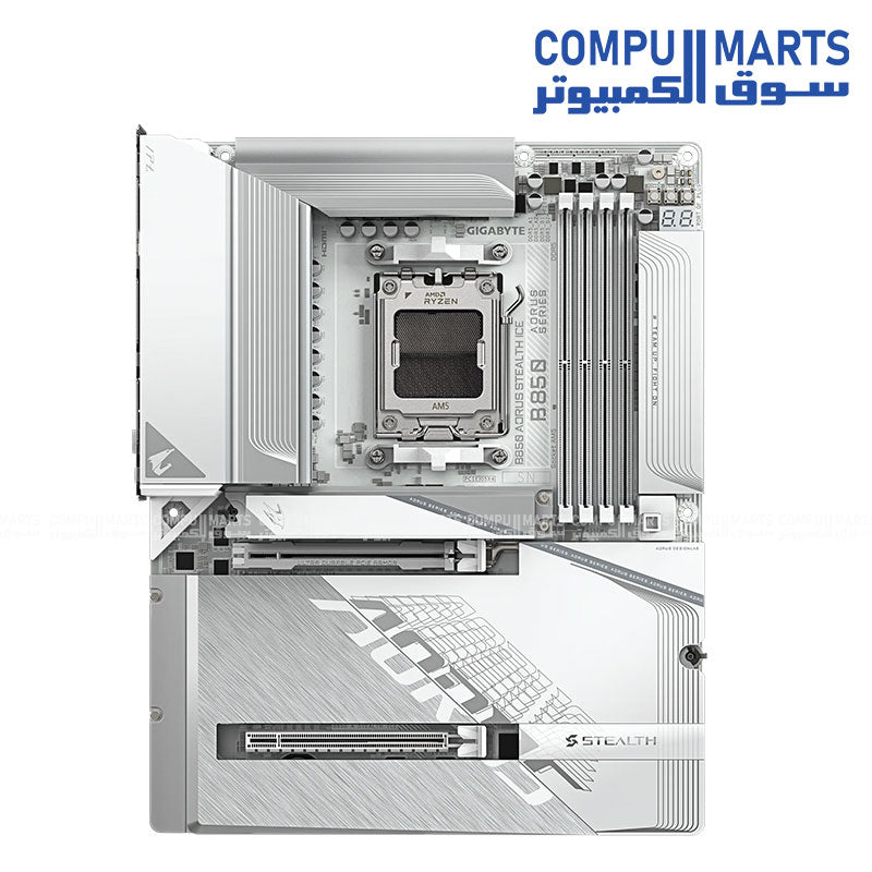 GIGABYTE B850 AORUS STEALTH ICE – White AM5 ATX motherboard – DDR5 up to 8200MT/s – PCIe 5.0 x16 – Wi‑Fi 7 & 5 GbE LAN – 4× M.2 SSD slots
