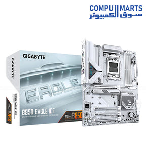 GIGABYTE B850 EAGLE ICE – White AM5 ATX motherboard – DDR5 up to 8200MT/s OC – PCIe 5.0 x16 slot – 3× M.2 SSD ports – 2.5GbE LAN
