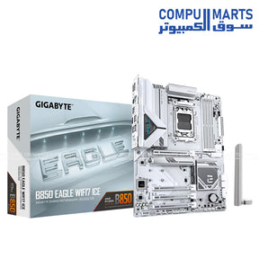 GIGABYTE B850 EAGLE WiFi7 ICE – White AM5 ATX motherboard – DDR5 up to 8200MT/s OC – PCIe 5.0 x16 – Wi‑Fi 7 & 2.5 GbE LAN – 3× M.2 Slots
