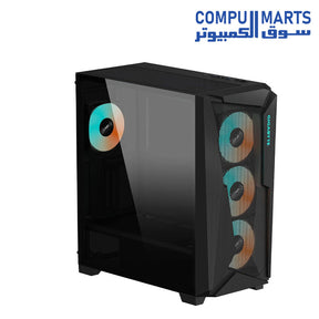 GIGABYTE C301 Glass mid-tower gaming PC case with tempered glass side panel, USB Type-C front I/O, and 4 pre-installed ARGB fans for optimized airflow and stylish builds.
