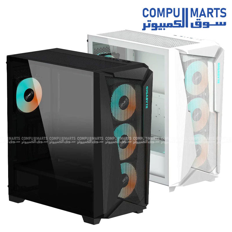 GIGABYTE C301 Glass mid-tower gaming PC case with tempered glass side panel, USB Type-C front I/O, and 4 pre-installed ARGB fans for optimized airflow and stylish builds.