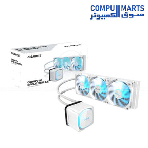 GIGABYTE EAGLE 360 cooling solution featuring 400 mm tubing, copper block material, and 3 x 120mm ARGB fans available in Egypt through Compumarts