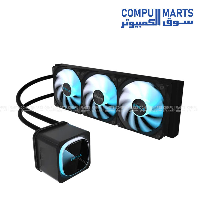 GIGABYTE EAGLE 360 liquid cooling unit with aluminum radiator construction, HDB fan bearings, and pump speed rated at 3200 RPM +/-10%
