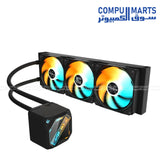 GIGABYTE liquid cooling solution with 4500 RPM pump, copper block, 2 ball bearing fans and airflow up to 61.61 CFM from Compumarts