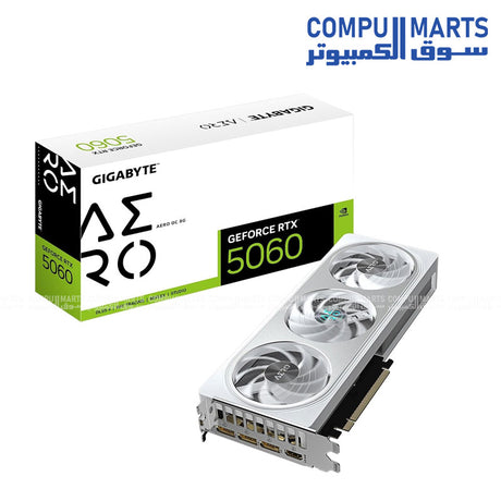 GIGABYTE GeForce RTX 5060 AERO OC 8GB blower-style single-fan PCIe 5.0 graphics card on white background

