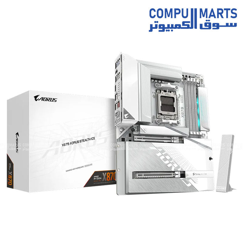 GIGABYTE X870 AORUS STEALTH ICE – White AM5 motherboard – DDR5 OC 8200+ MT/s – PCIe 5.0 x16 – Wi‑Fi 7 & 5 GbE LAN – 4× M.2 SSD slots

