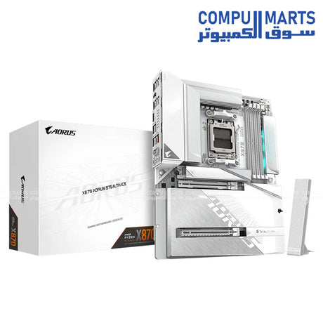 GIGABYTE X870 AORUS STEALTH ICE – White AM5 motherboard – DDR5 OC 8200+ MT/s – PCIe 5.0 x16 – Wi‑Fi 7 & 5 GbE LAN – 4× M.2 SSD slots
