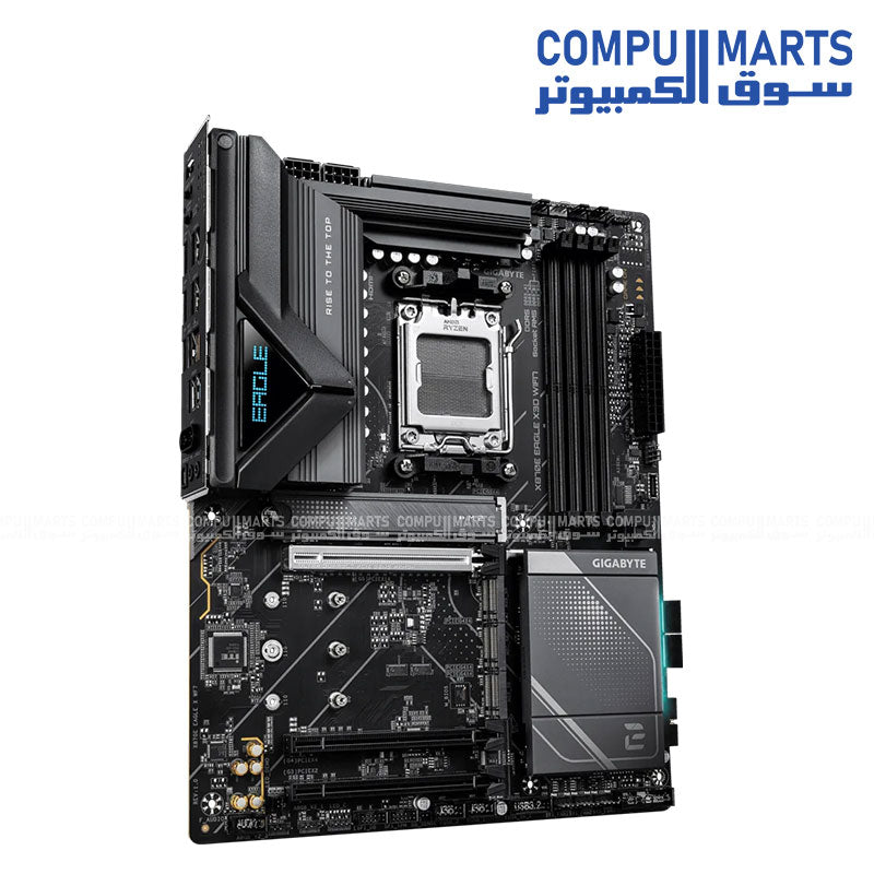 AMD X870E motherboard with four DDR5 DIMM slots, PCIe 5.0 x16, four M.2 connectors, and 5GbE LAN