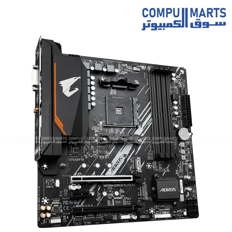 Motherboard featuring PCIe 4.0 x16, HDMI 2.1, DVI-D, Gigabit LAN, and Bluetooth 5.3 for desktop PC builds