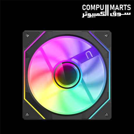 GameMax FN12A-S8I-R ARGB fan featuring outer and inner lighting with a three-sided outer ring lens