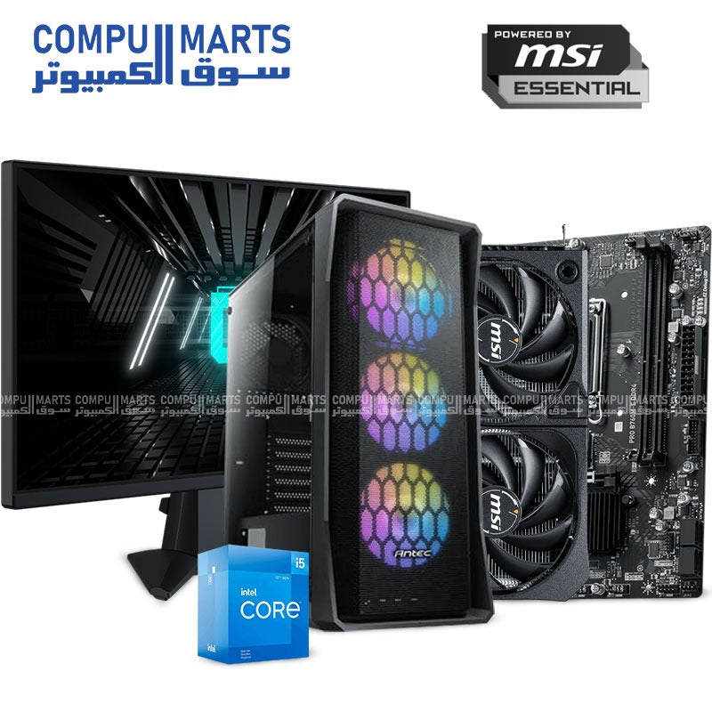 Gaming PC Bundle – Core i5-12400F – MSI B760M-E PRO D4 – RTX 5060 Shadow 2X – ANTEC NX360 – MSI G255F 180Hz Monitor