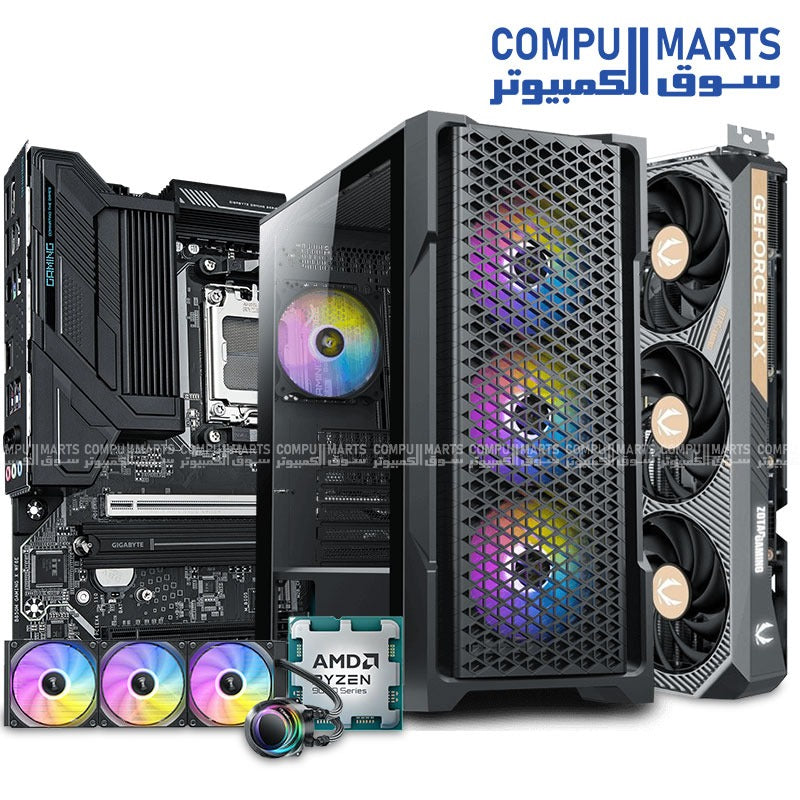 High-end gaming PC bundle with Ryzen 7 9700X CPU, ZOTAC RTX 5070 Ti 16GB DDR7 GPU, 32GB DDR5 RAM, Lexar 1TB NVMe SSD, Antec Vortex 360 liquid cooler, Gigabyte B850M Gaming X motherboard, Antec AX90 case, and 750W Gold PSU – Egypt