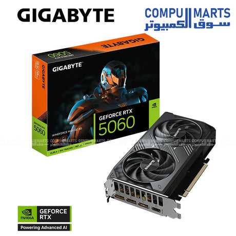 "GIGABYTE GeForce RTX 5060 WINDFORCE MAX OC 8G graphics card with advanced WINDFORCE cooling system, 8GB GDDR7 memory, and DisplayPort HDMI outputs – Egypt"