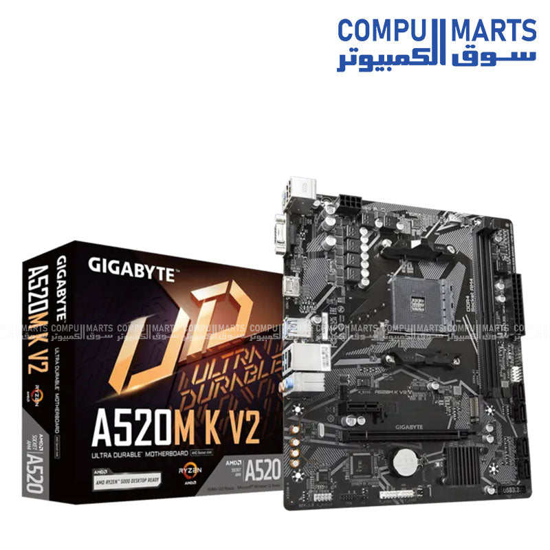 Gigabyte A520M K V2 Rev. 1.1 motherboard with AMD A520 chipset, AM4 socket support, DDR4 5100MHz OC memory compatibility, PCIe 3.0 x4 M.2 support and Micro ATX form factor