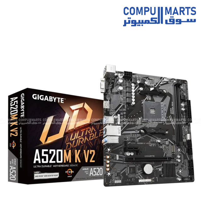 Gigabyte A520M K V2 Rev. 1.1 motherboard with AMD A520 chipset, AM4 socket support, DDR4 5100MHz OC memory compatibility, PCIe 3.0 x4 M.2 support and Micro ATX form factor