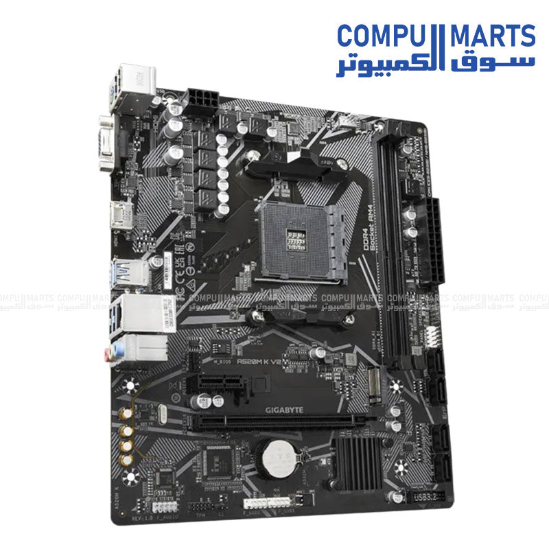 A520M K V2 Rev. 1.1 featuring HDMI 2.1 support, D-Sub output, Realtek GbE LAN and M.2 PCIe 3.0 storage connectivity from Compumarts