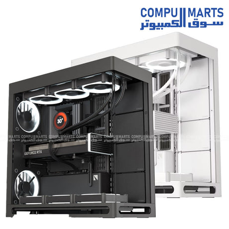 HAVN HS 420 mid‑tower PC case in white, dual‑chamber design with panoramic UniSheet tempered glass and SimpliCable cable management
