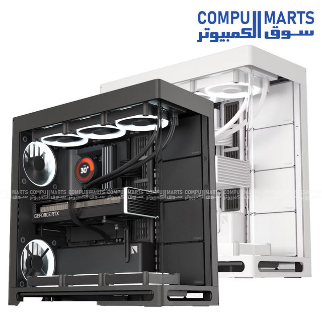 HAVN HS 420 mid‑tower PC case in white, dual‑chamber design with panoramic UniSheet tempered glass and SimpliCable cable management
