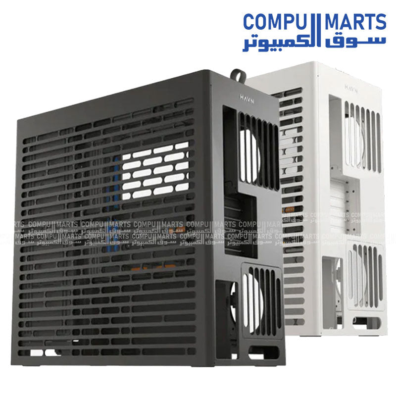 HAVN HS 420 VGPU mid‑tower PC case in white, vertical GPU mount, dual‑chamber airflow, UniSheet curved tempered glass, SimpliCable cable management – Egypt.
